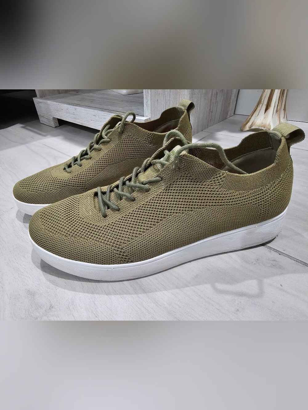 Fitflop Womens Olive Green Knit Lace-Up Sneakers Size 10